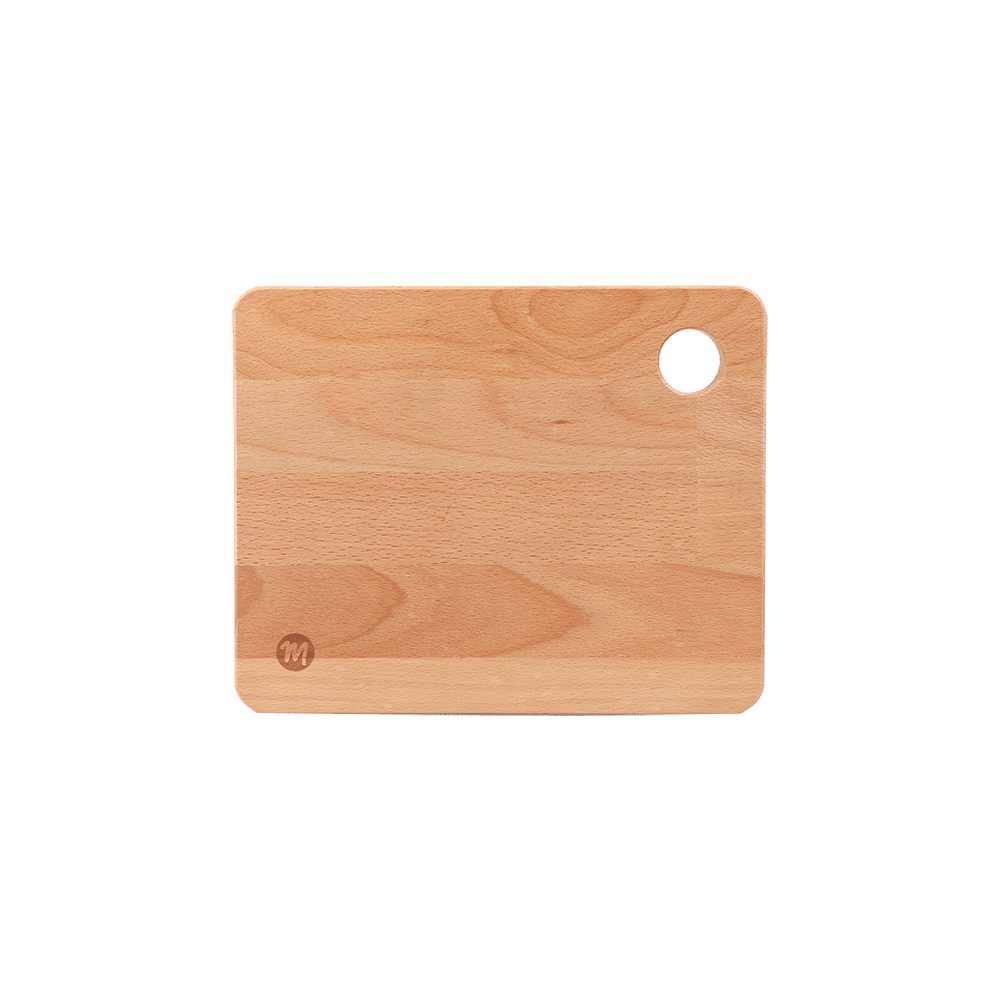Frühstücksbrett aus Holz mit kleinem middenmang-Logo.
