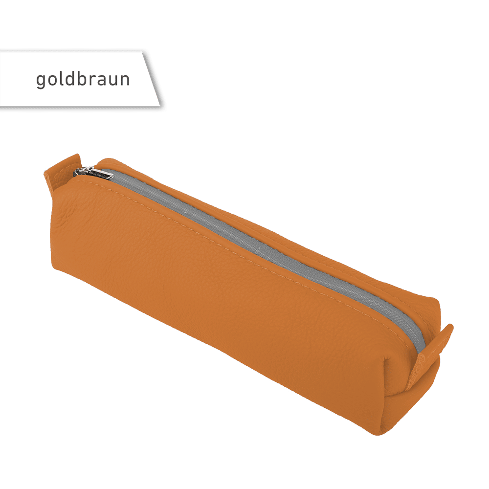Ein Federmäppchen aus Leder in der Farbe goldbraun.