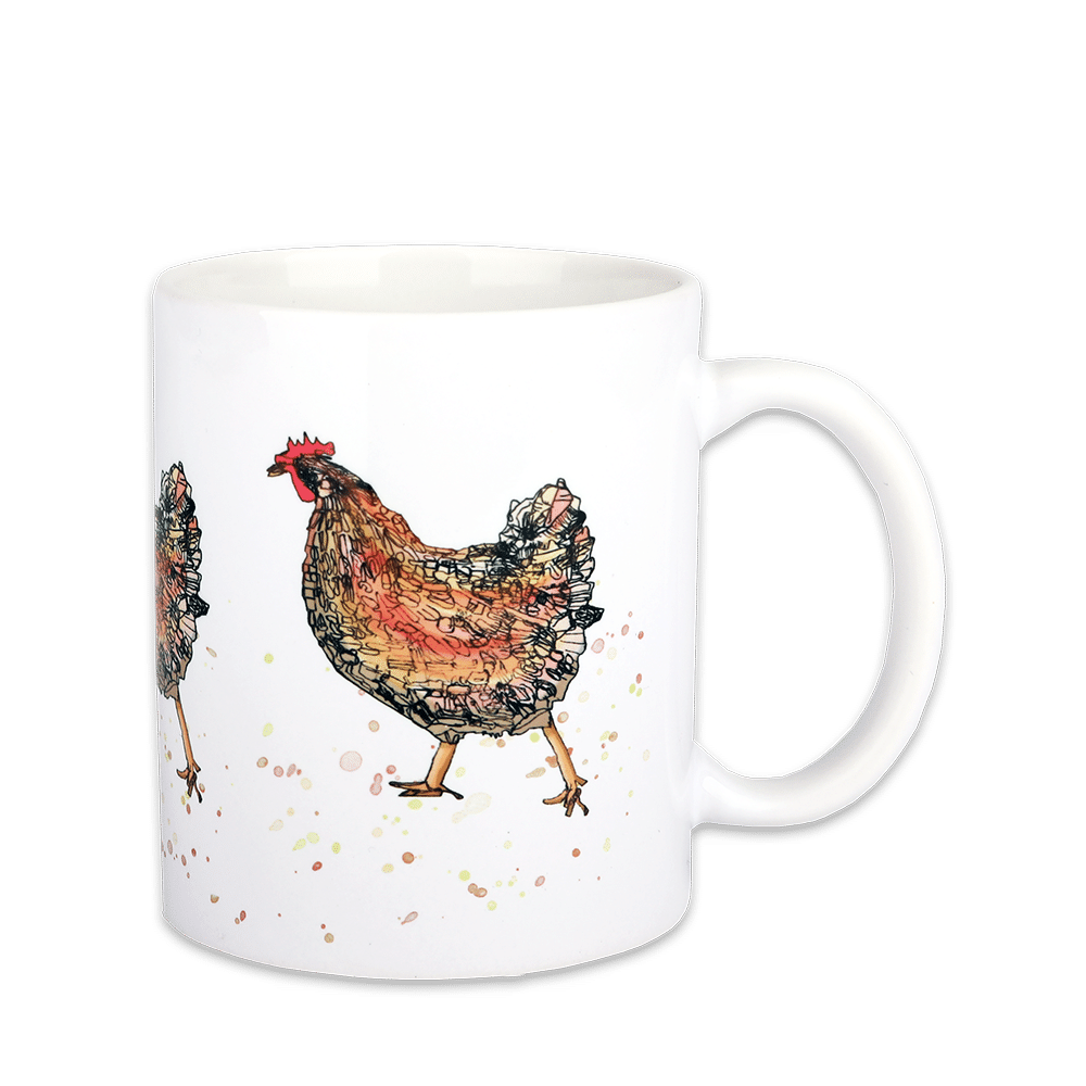 Eine weiße Tasse bedruckt mit kunstvollen Hühnern.