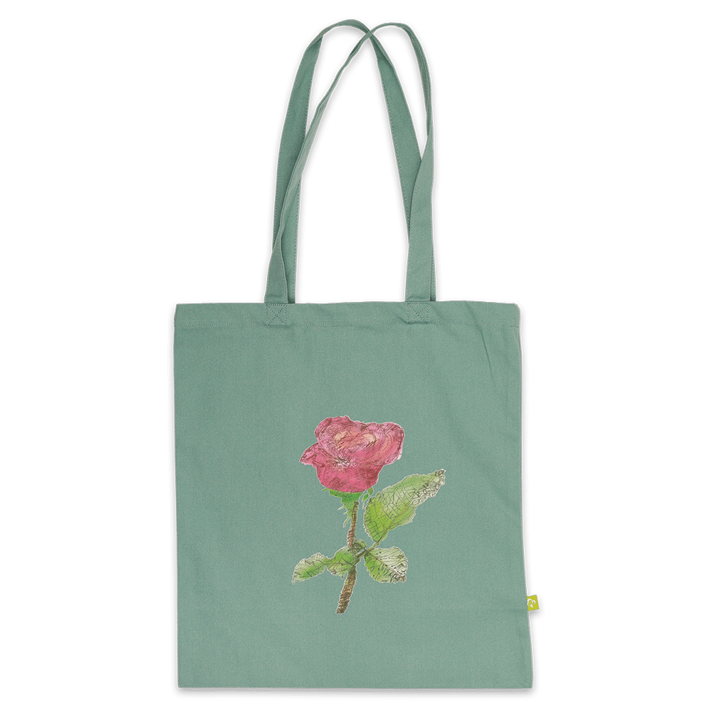 Tragetasche aus grünem Stoff, mit dem Motiv einer Rose.