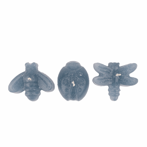 Drei Schwimmkerzen in Form von Biene, Käfer und Libelle in der Farbe Wasser.