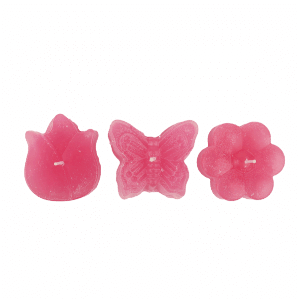 Drei Schwimmkerzen in Form von Tulpe, Schmetterling und Blume in der Farbe Bubblegum.