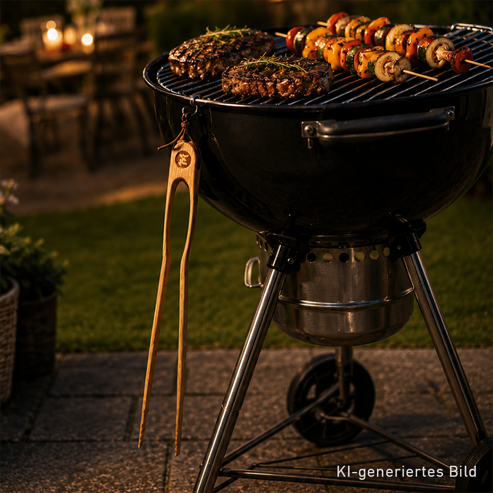 Grillzange aus Holz, die an einem Kugelgrill hängt.