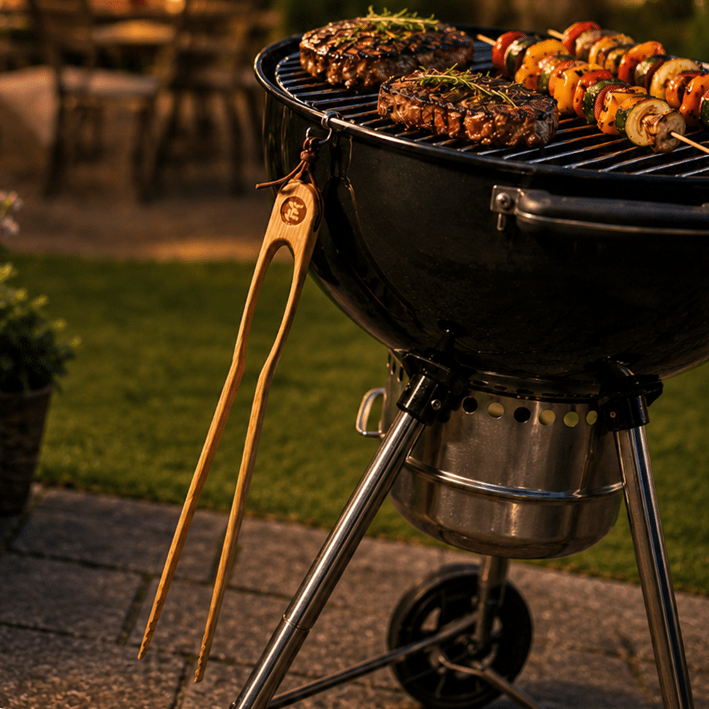 Grillzange aus Holz, die an einem Kugelgrill hängt.