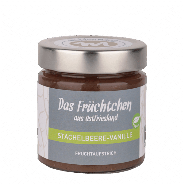 Ein Glas mit einem Etikett der Variante Stachelbeere-Vanille.