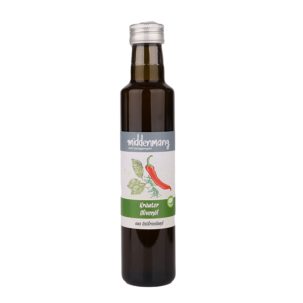 Eine dunkelgrüne Flasche mit Kräuter-Olivenöl.