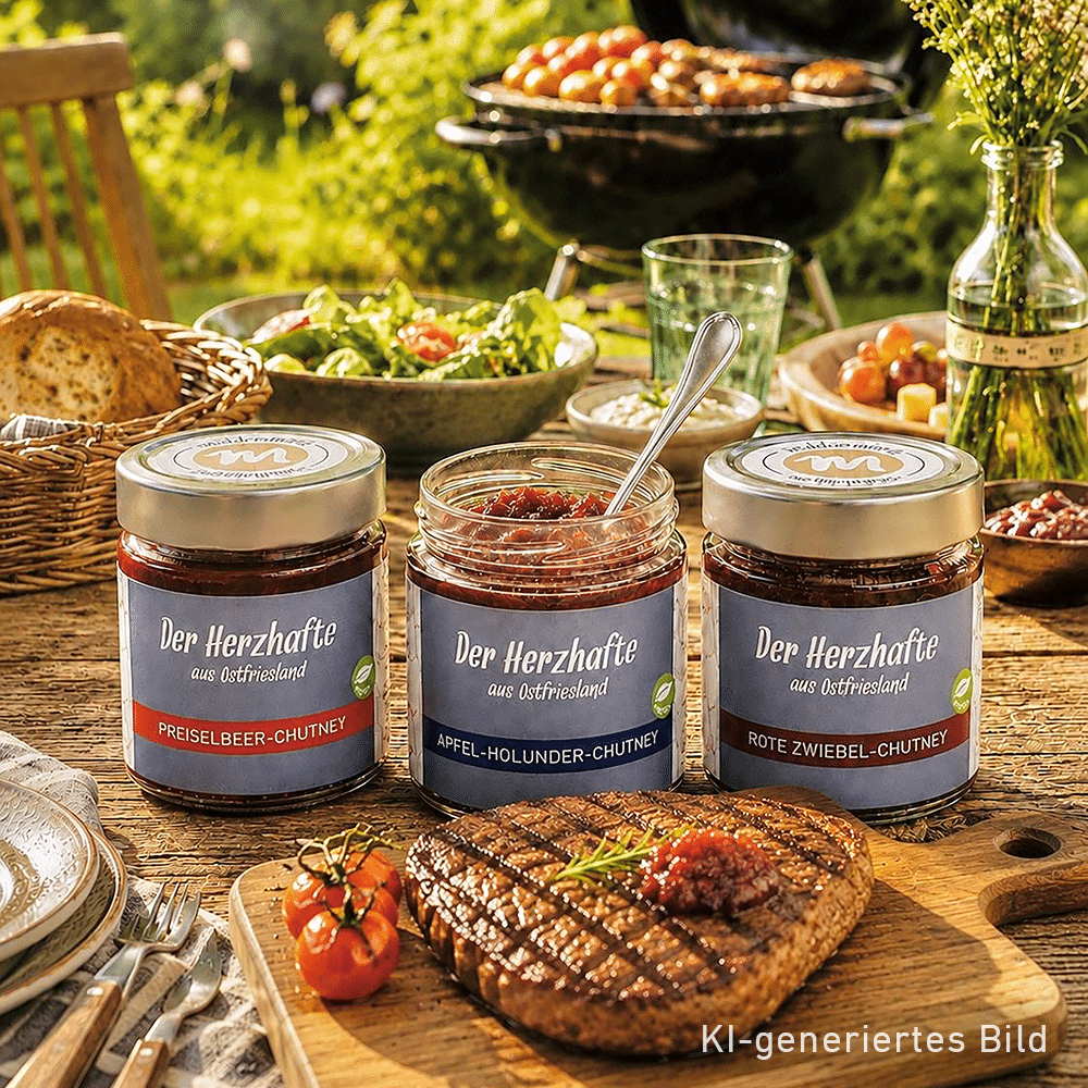 Drei verschiedene Chutneys auf einem Gartentisch, mit einem Grill im Hintergrund.