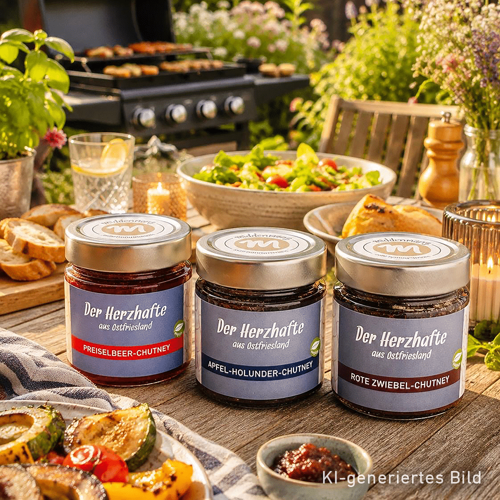 Drei verschiedene Chutneys auf einem Gartentisch, mit einem Grill im Hintergrund.