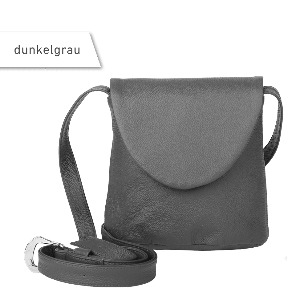 Eine kleine Handtasche aus Leder in der Farbe dunkelgrau von vorne.