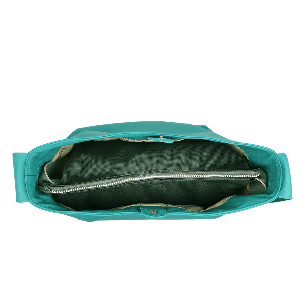 Eine Umhängetasche aus Leder in der Farbe Türkis von oben.