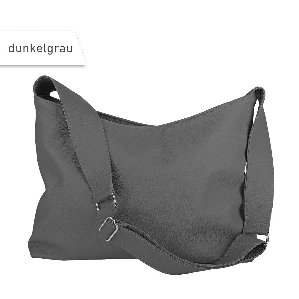 Eine Umhängetasche aus Leder in der Farbe Dunkelgrau.