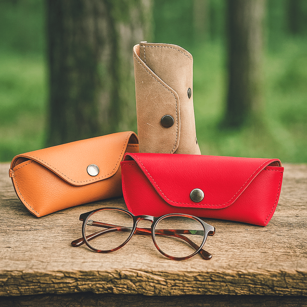 Drei herbstfarbene Brillenetuis "Das Sichtbare", arrangiert vor einem waldigen unscharfen Hintergrund, vor den Etuis liegt eine Brille.