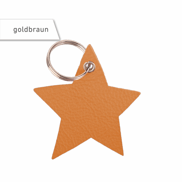 Schlüsselanhänger aus Leder in Sternform in der Farbe goldbraun.