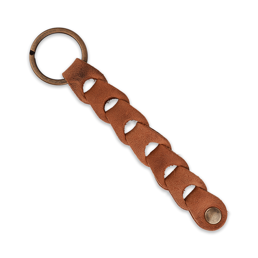Schlüsselanhänger mit Kettengliedern aus Pull-Up-Leder, in der Farbe Hellbraun.