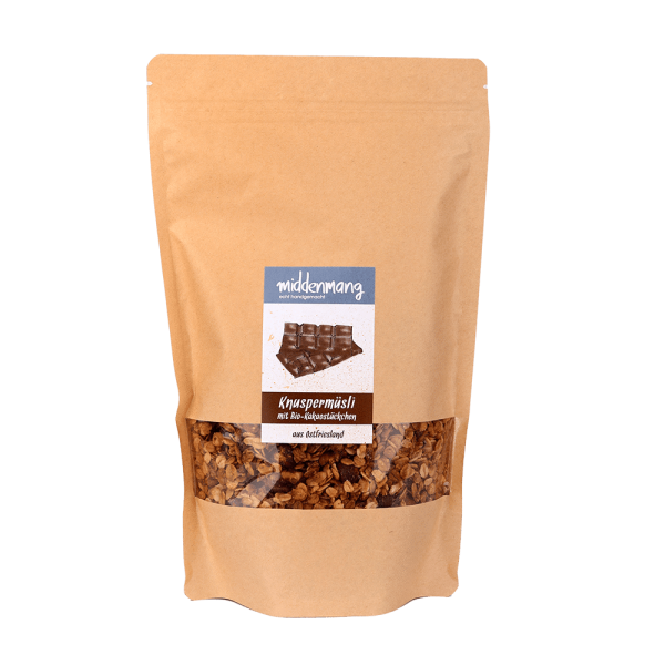 Knuspermüsli mit Kakaostückchen in einer 500g-Tüte.