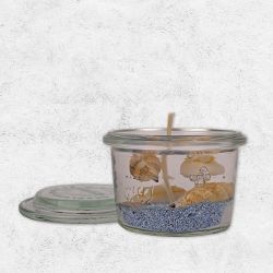 Eine Gelkerze mit Muscheln seitlich.