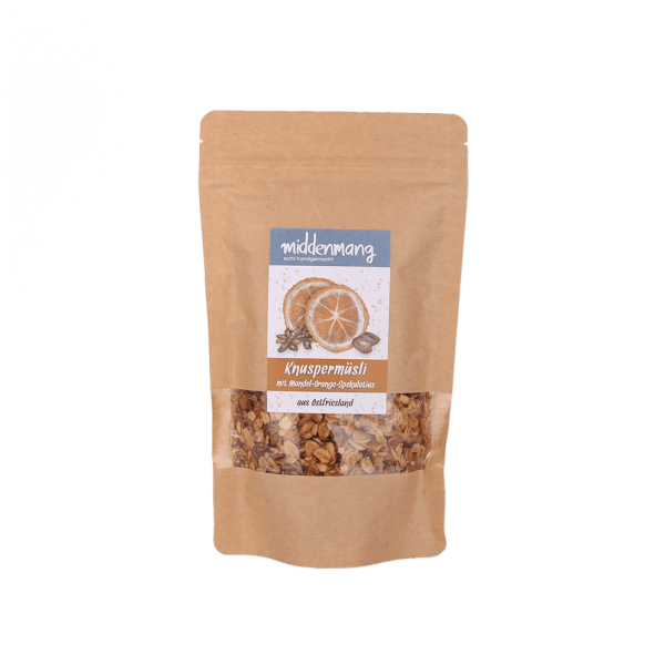 Knuspermüsli Mandel-Orange-Spekulatius in einer 210g-Tüte.