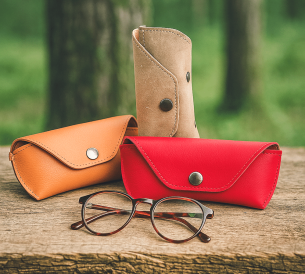 Drei herbstfarbene Brillenetuis "Das Sichtbare", arrangiert vor einem waldigen unscharfen Hintergrund, vor den Etuis liegt eine Brille.