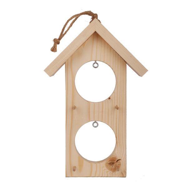 Vogelfutterhaus aus Holz mit zwei Löchern für Meisenknödel, naturbelassen.