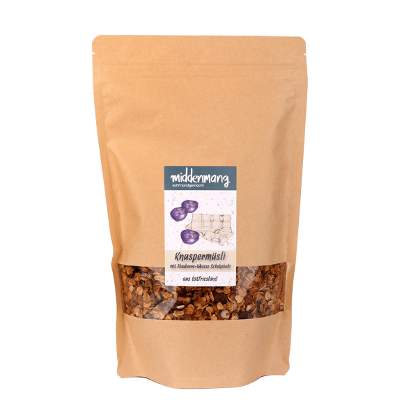 Knuspermüsli mit Blaubeere-Weisse Schokolade in einer 500g-Tüte.