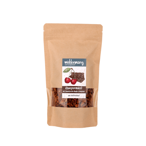 Knuspermüsli mit Sauerkirsche-Dunkle Schokolade in einer 210g-Tüte.