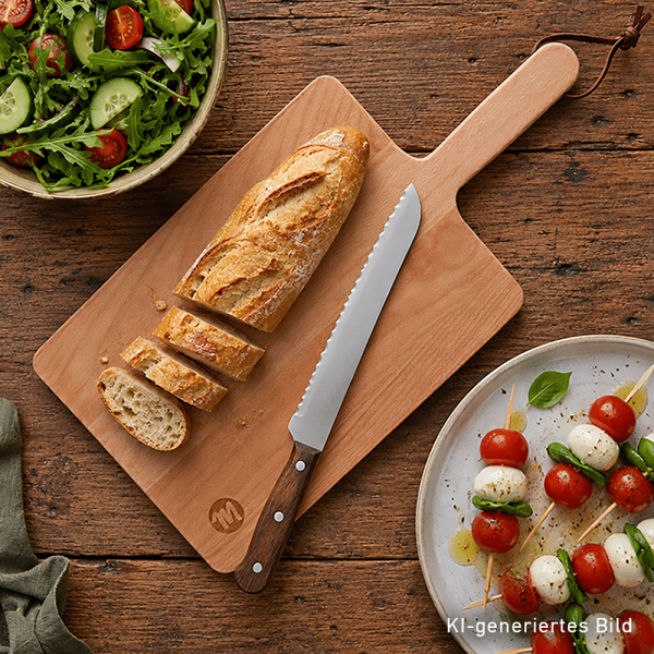 Schneidbrett auf einem Holztisch, mit angeschnittenem Baguette, einem Brotmesser, Salat und Spießen.