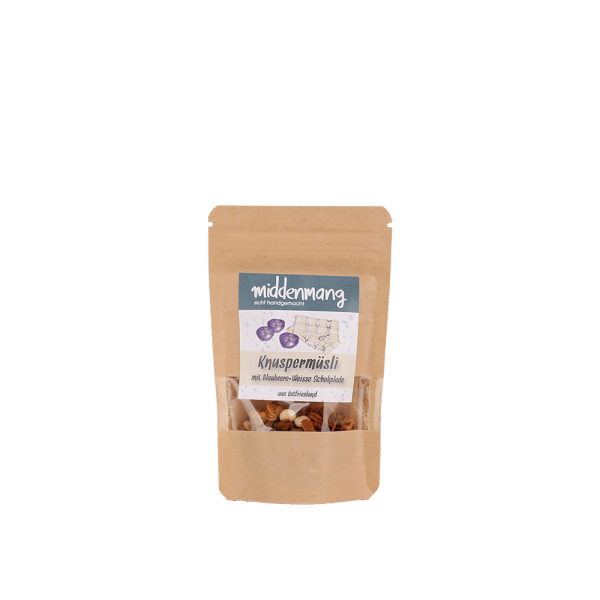 Knuspermüsli mit Blaubeere-Weisse Schokolade in einer 15g-Probiertüte.