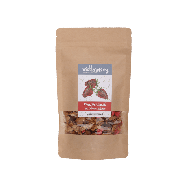 Eine Tüte mit Knuspermüsli mit Erdbeerstückchen.