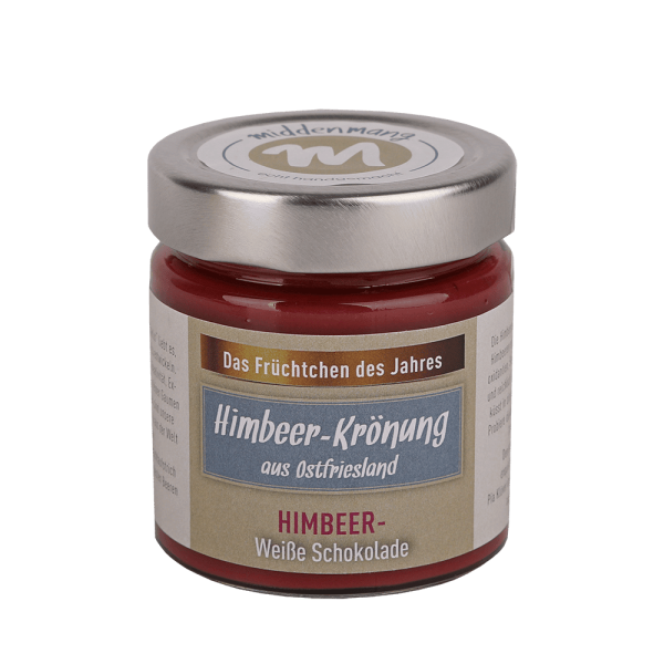Ein Glas mit einem Etikett der Variante Himbeer-Krönung, Himbeer-weiße Schokolade.