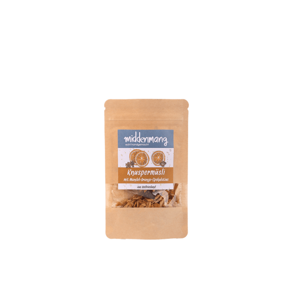 Knuspermüsli mit Mandel-Orange-Spekulatius in 15g-Probiertüte.
