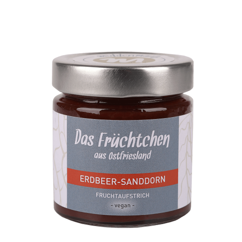 Ein Glas von einem Fruchtaufstrich in der Sorte Erdbeer-Sanddorn.