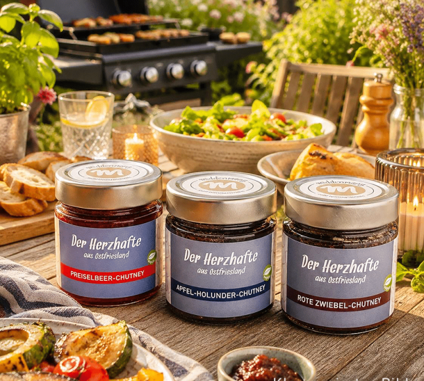 Drei verschiedene Chutneys auf einem Gartentisch, mit einem Grill im Hintergrund.