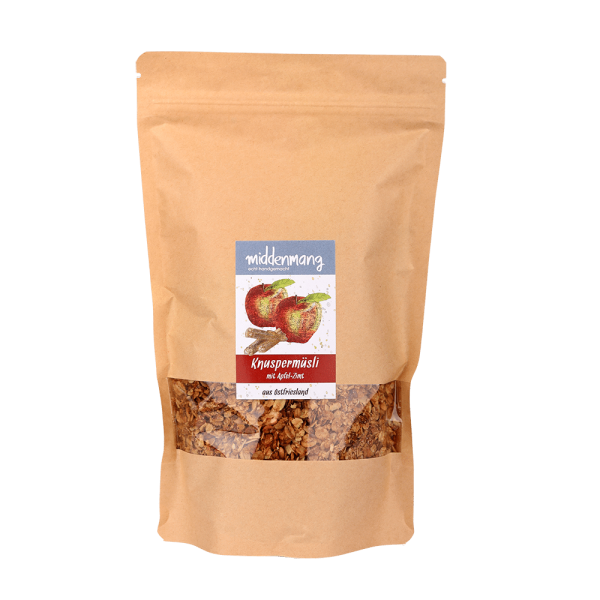 Knusperm&uuml;sli mit Apfel-Zimt in 500g-T&uuml;te.