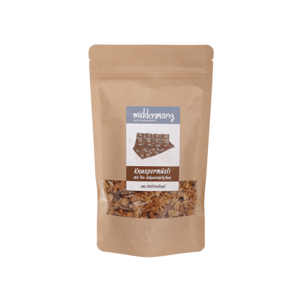 Eine T&uuml;te mit Knusperm&uuml;sli mit Kakaost&uuml;ckchen.