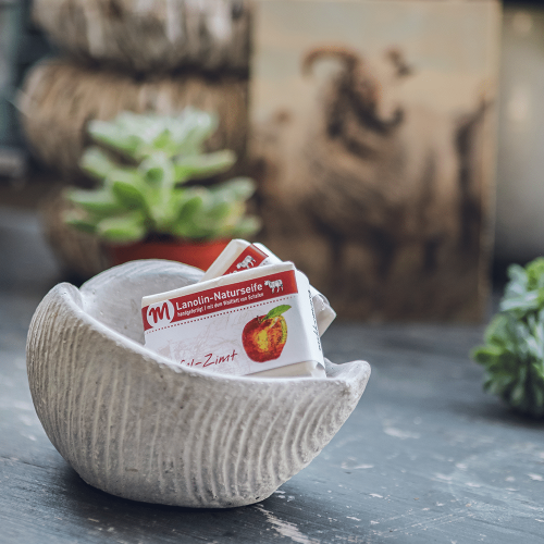 Lanolin-Naturseife mit Apfel-Zimt-Duft, in einer Schale in Muschelform.