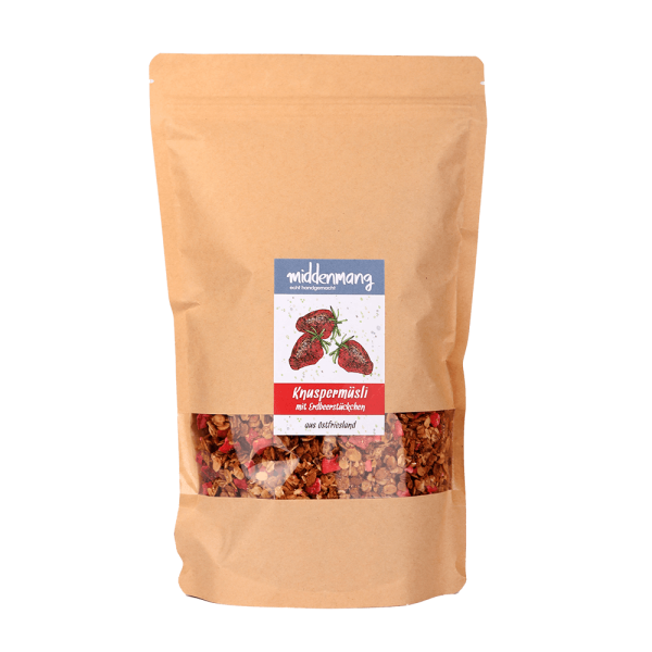 Knusperm&uuml;sli mit Erdbeerst&uuml;ckchen in 500g-T&uuml;te.