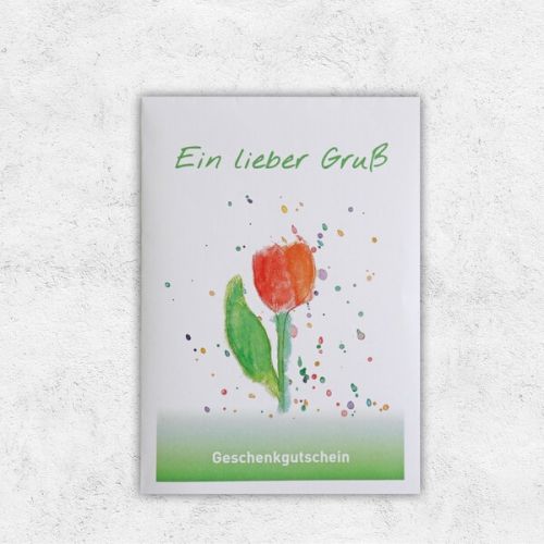 Eine Gutscheinkarte, bedruckt mit einer Tulpe und der Aufschrift Ein lieber Gruß.