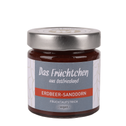 Ein Glas von einem Fruchtaufstrich in der Sorte Erdbeer-Sanddorn.