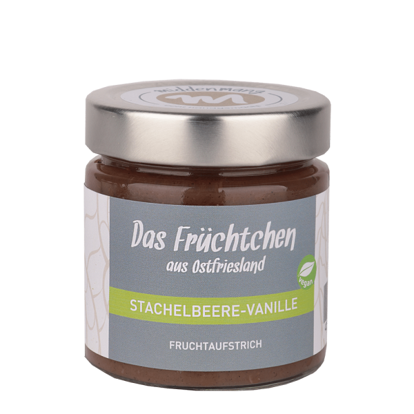 Ein Glas Fruchtaufstrich mit einem Etikett der Variante Stachelbeere-Vanille.