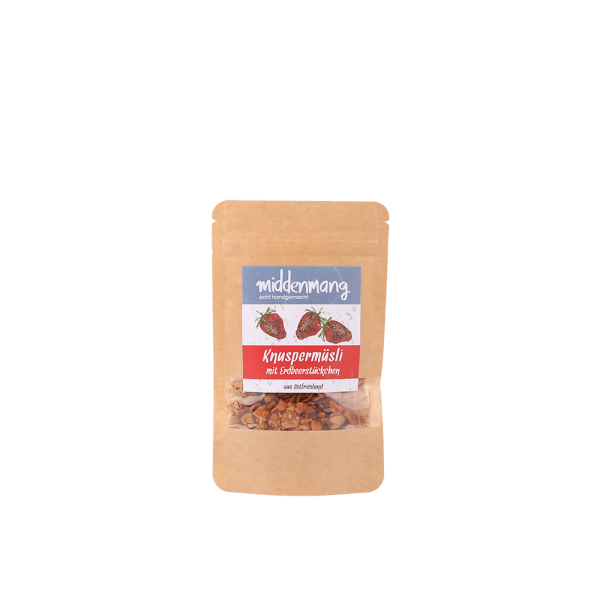 Knusperm&uuml;sli mit Erdbeerst&uuml;ckchen in 15g-Probiert&uuml;te.