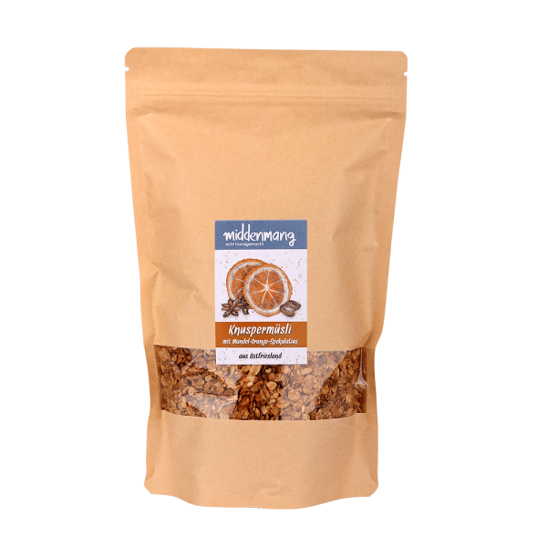 Knuspermüsli mit Mandel-Orange-Spekulatius in einer 500g-Tüte.