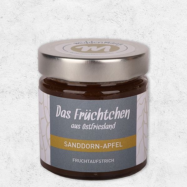Ein Glas Fruchtaufstrich der Sorte Sanddorn-Apfel.