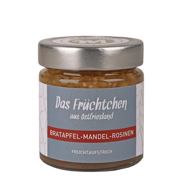 Ein Glas Fruchtaufstrich der Sorte Bratapfel-Mandel-Rosinen-Gelee.