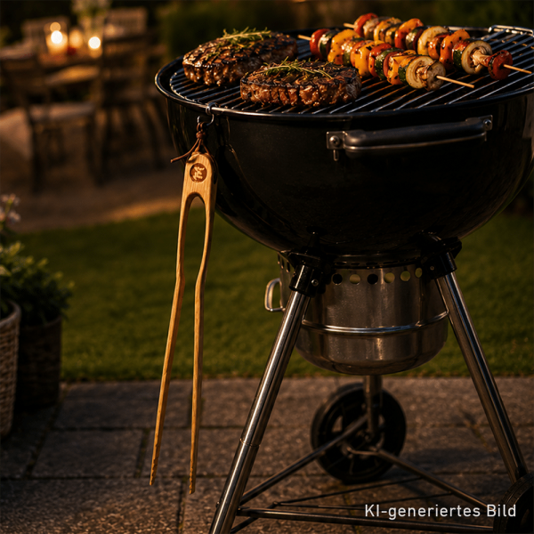 Grillzange aus Holz, die an einem Kugelgrill hängt.