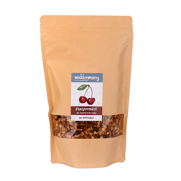 Knuspermüsli mit Sauerkirsche-Tonka in einer 500g-Tüte.