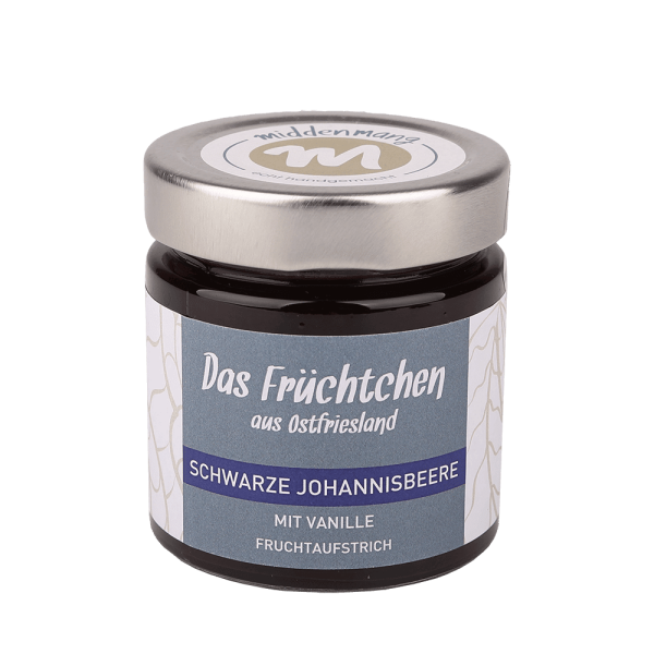 Ein Glas mit einem Etikett der Variante schwarze Johannisbeere mit Vanille.